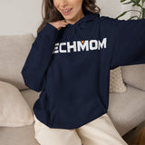 Classic MECHMOM hoodie in heliconia pink with mech-inspired chest logo